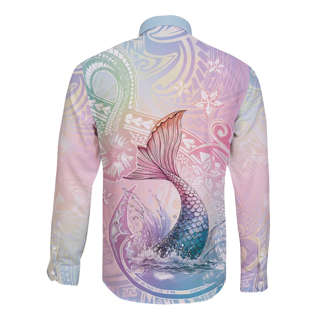 Hawaii Mermaid Sweet Pastel Long Sleeve Button Shirt Polynesian Pattern Fish Hook