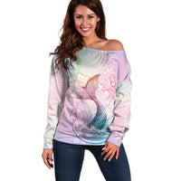 Hawaii Mermaid Sweet Pastel Off Shoulder Sweater Polynesian Pattern Fish Hook