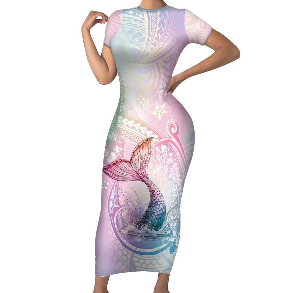 Hawaii Mermaid Sweet Pastel Short Sleeve Bodycon Dress Polynesian Pattern Fish Hook