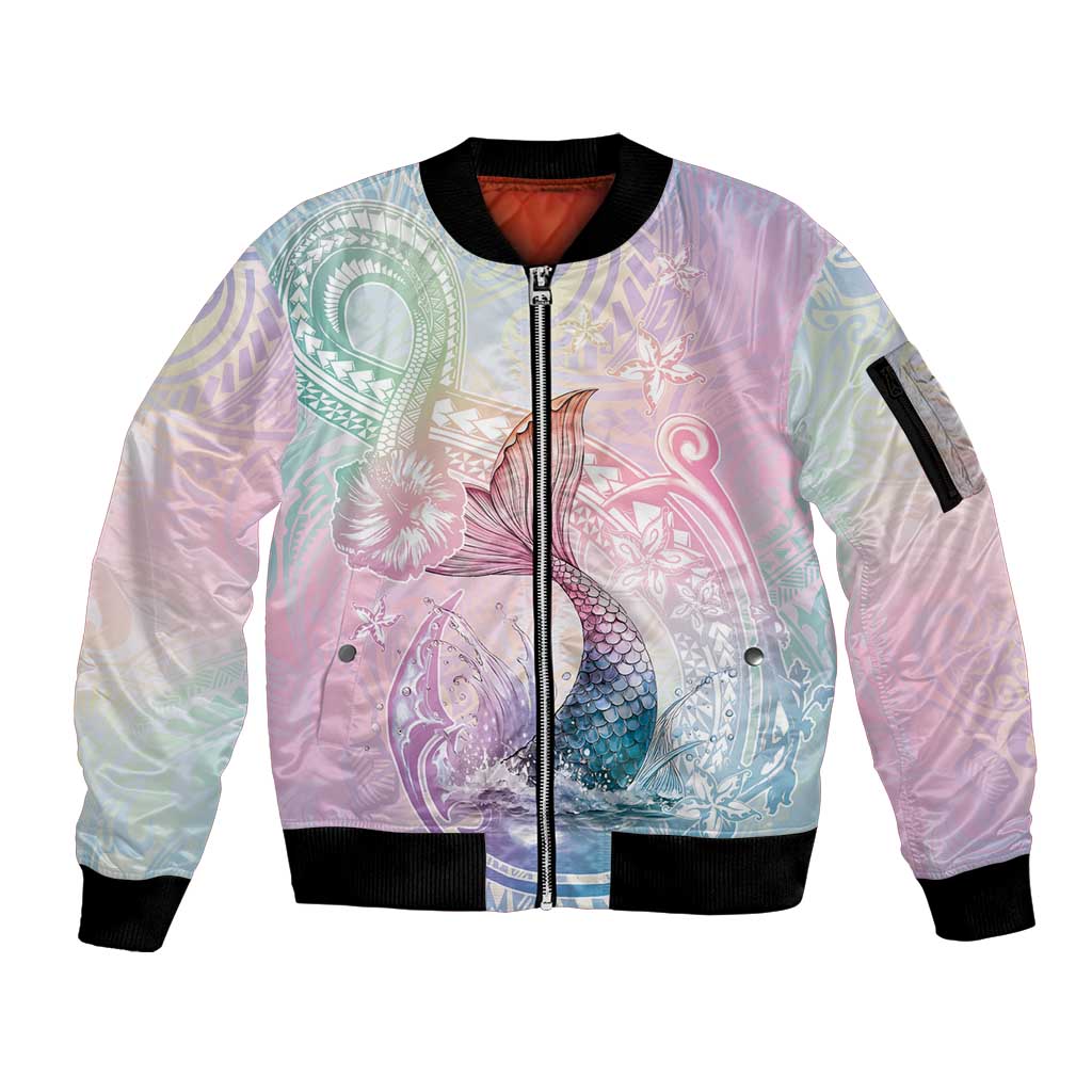 Hawaii Mermaid Sweet Pastel Sleeve Zip Bomber Jacket Polynesian Pattern Fish Hook