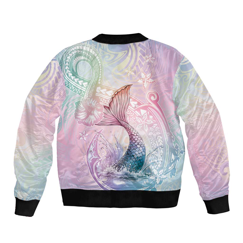 Hawaii Mermaid Sweet Pastel Sleeve Zip Bomber Jacket Polynesian Pattern Fish Hook