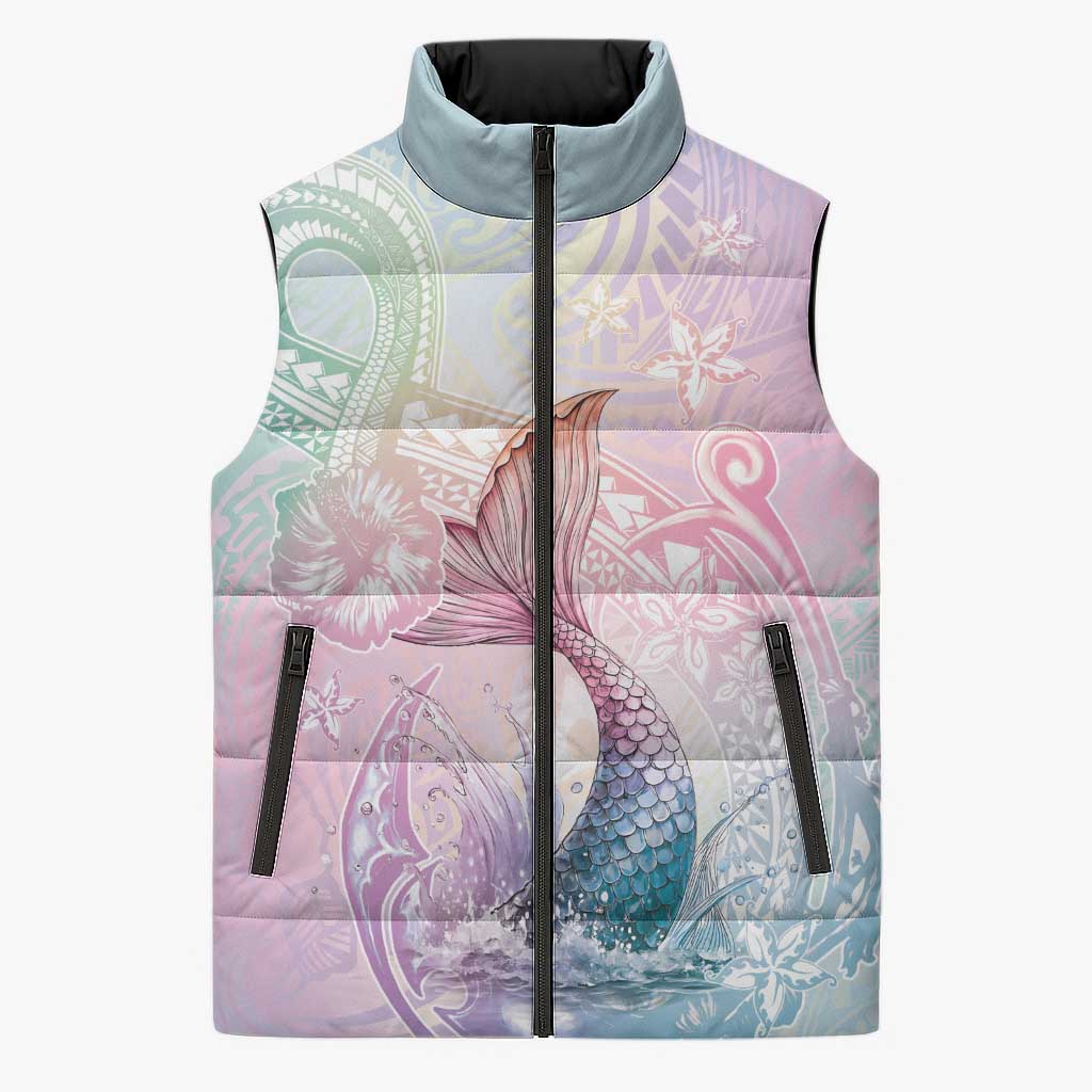 Hawaii Mermaid Sweet Pastel Sleeveless Puffer Jacket Polynesian Pattern Fish Hook