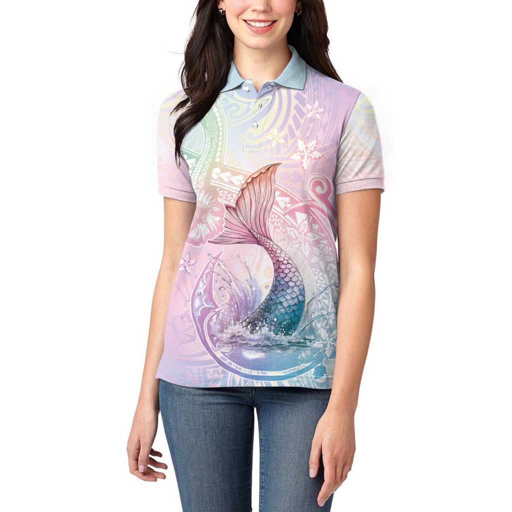 Hawaii Mermaid Sweet Pastel Women Polo Shirt Polynesian Pattern Fish Hook