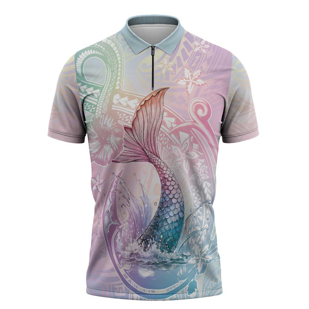 Hawaii Mermaid Sweet Pastel Zipper Polo Shirt Polynesian Pattern Fish Hook