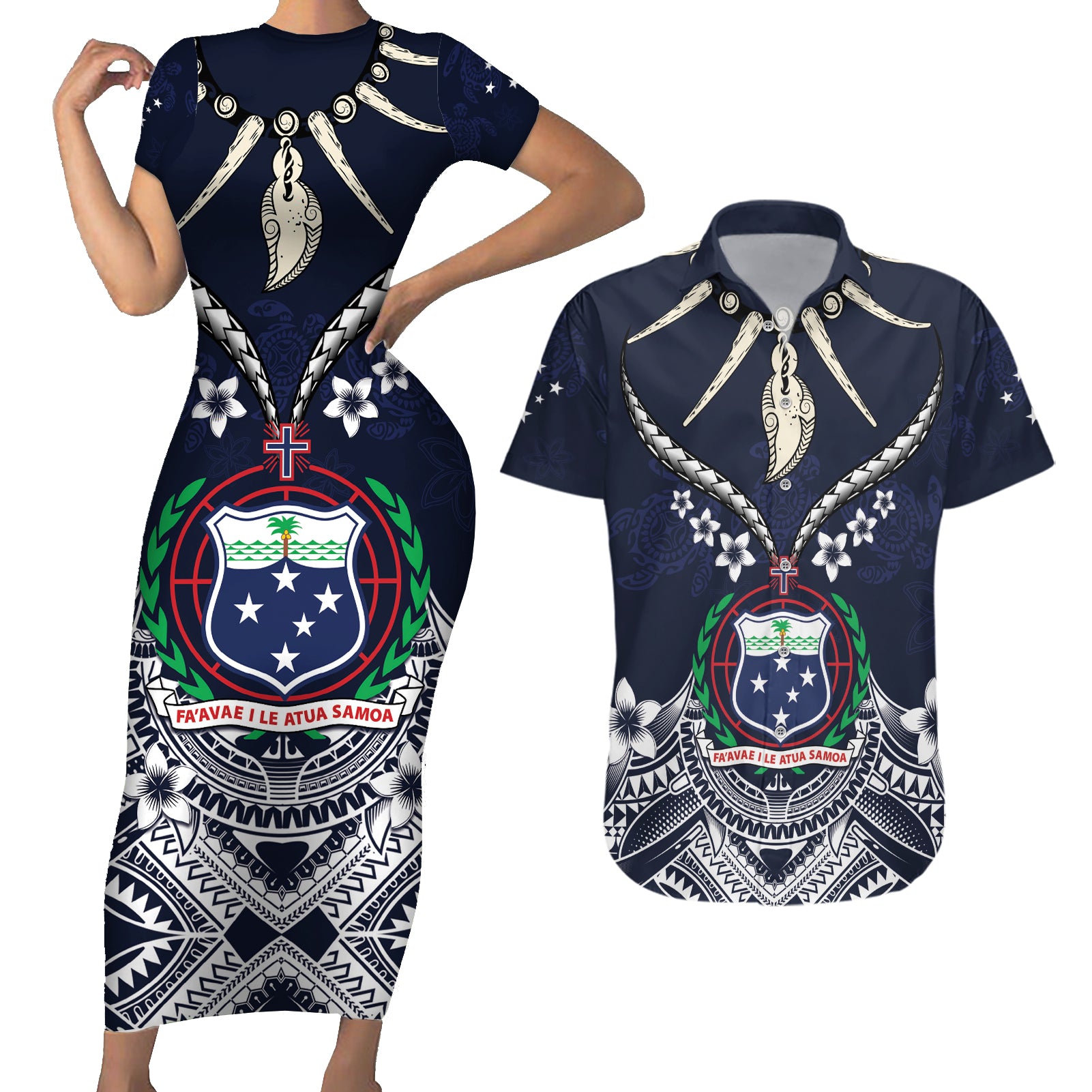 Samoa Independence Day Couples Matching Short Sleeve Bodycon Dress and Hawaiian Shirt Ula Nifo Mix Turtle