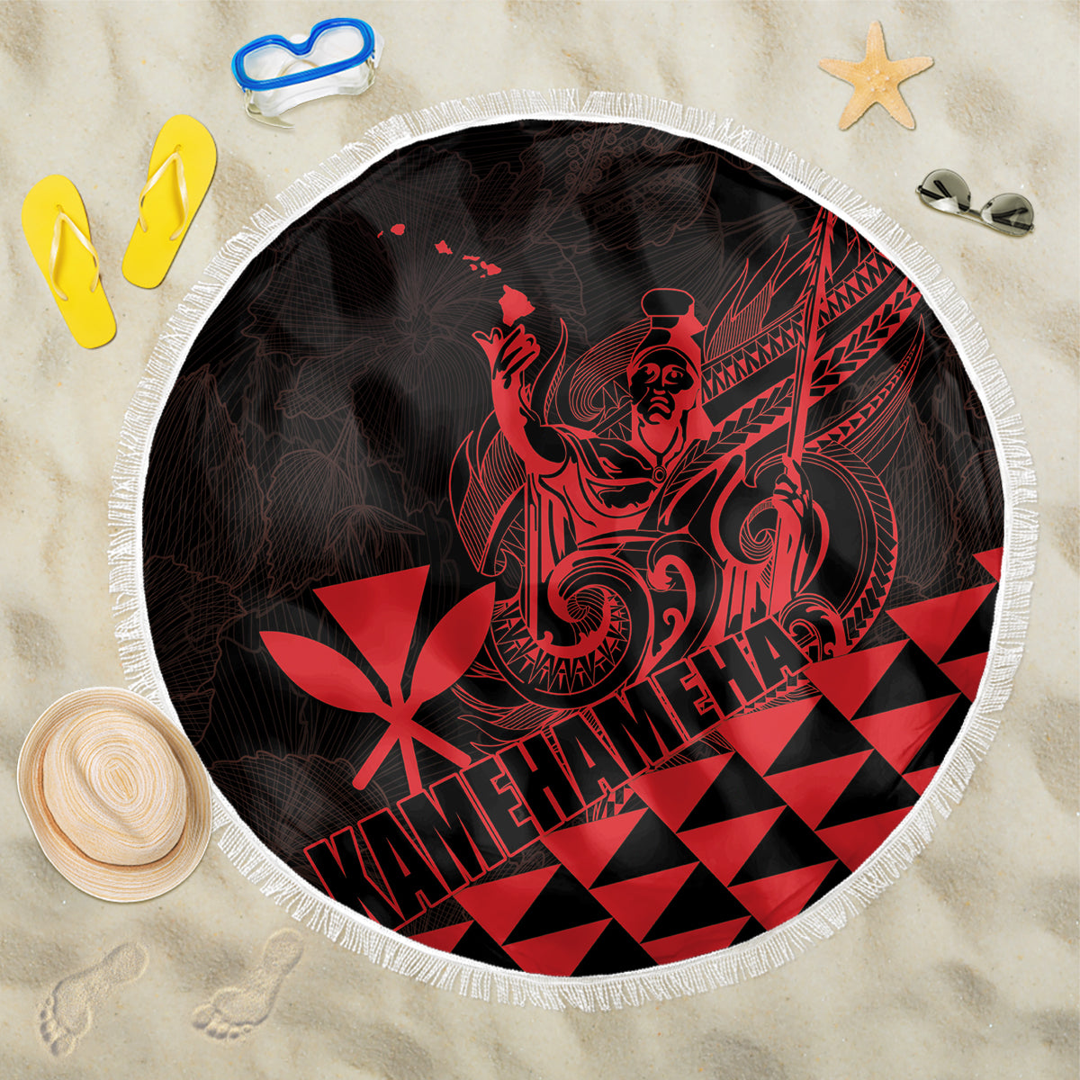 King Kamehameha Day Beach Blanket Kakau Polynesian Pattern LT01 One Size 150cm Red - Polynesian Pride