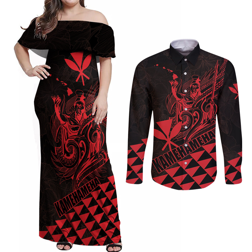 Personalized King Kamehameha Day Couples Matching Off Shoulder Maxi Dress and Long Sleeve Button Shirt Kakau Polynesian Pattern