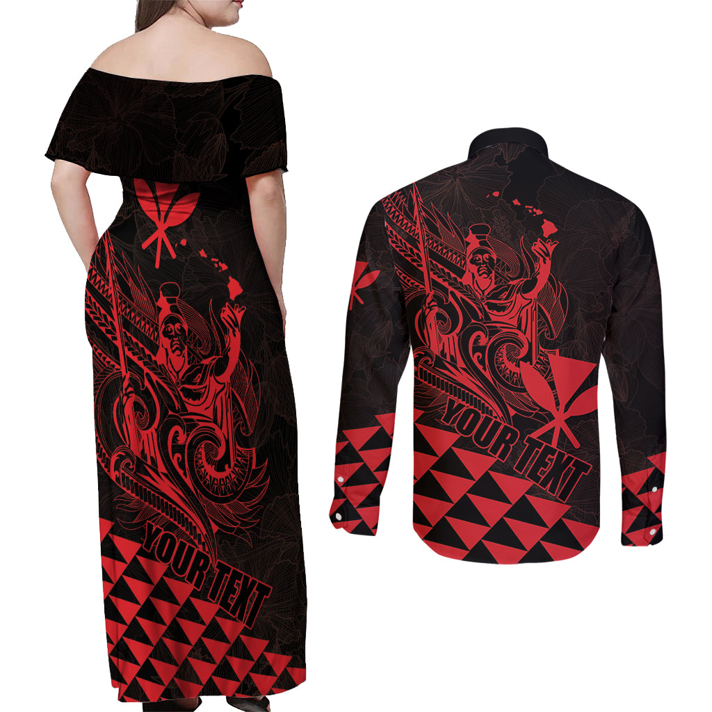 Personalized King Kamehameha Day Couples Matching Off Shoulder Maxi Dress and Long Sleeve Button Shirt Kakau Polynesian Pattern