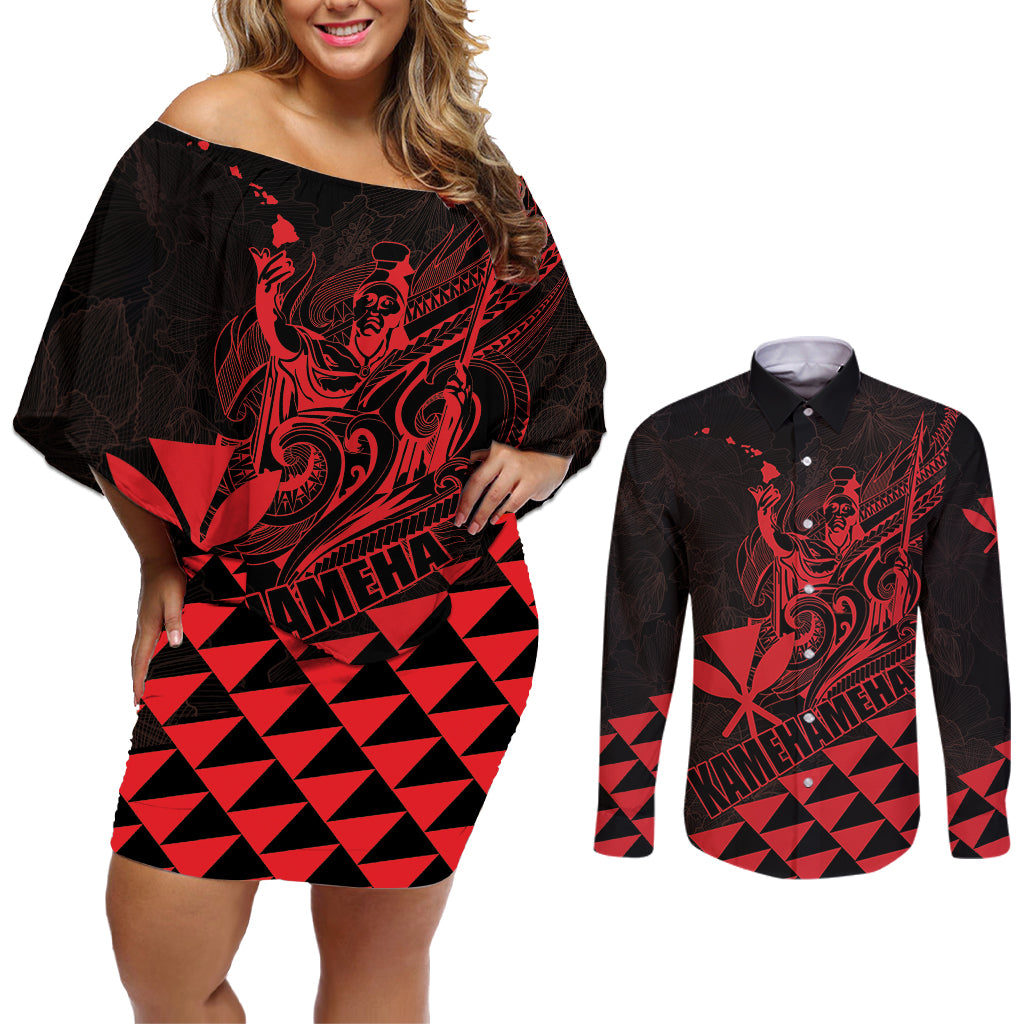 Personalized King Kamehameha Day Couples Matching Off Shoulder Short Dress and Long Sleeve Button Shirt Kakau Polynesian Pattern