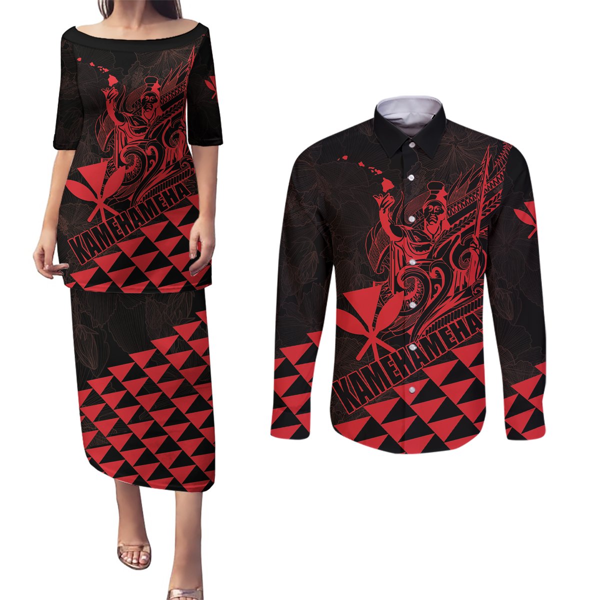 Personalized King Kamehameha Day Couples Matching Puletasi and Long Sleeve Button Shirt Kakau Polynesian Pattern LT01 Red - Polynesian Pride