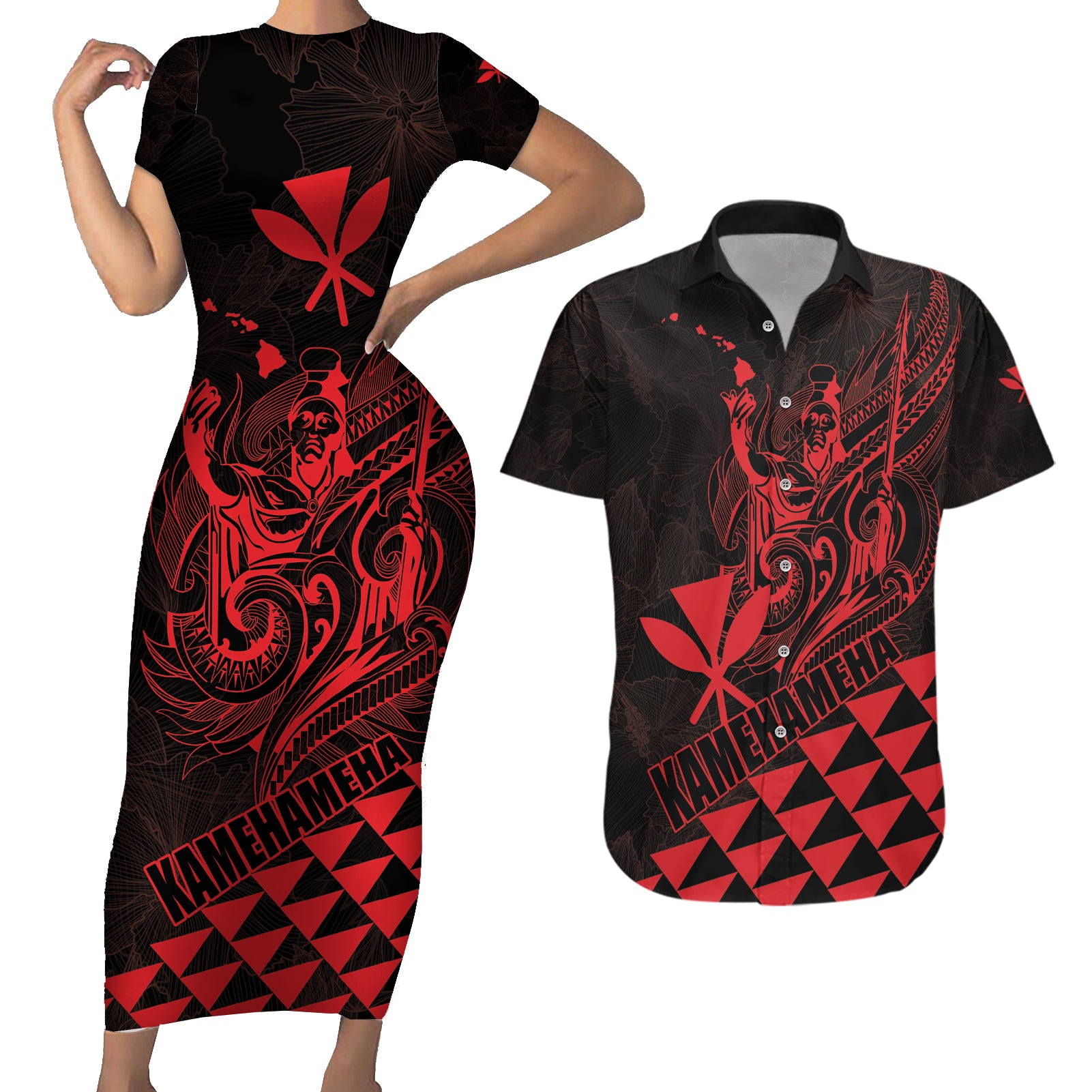 Personalized King Kamehameha Day Couples Matching Short Sleeve Bodycon Dress and Hawaiian Shirt Kakau Polynesian Pattern