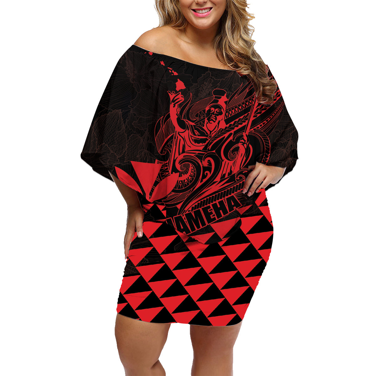 Personalized King Kamehameha Day Family Matching Off Shoulder Short Dress and Hawaiian Shirt Kakau Polynesian Pattern