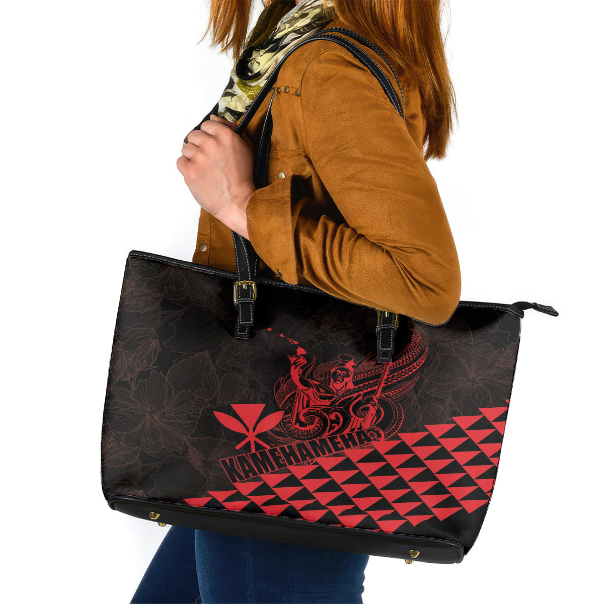 King Kamehameha Day Leather Tote Bag Kakau Polynesian Pattern LT01 Red - Polynesian Pride