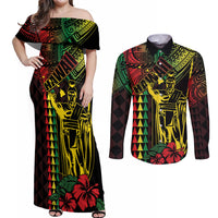 King Kamehameha Day Couples Matching Off Shoulder Maxi Dress and Long Sleeve Button Shirt Hawaii Kakau Reggae