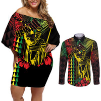 King Kamehameha Day Couples Matching Off Shoulder Short Dress and Long Sleeve Button Shirt Hawaii Kakau Reggae