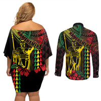 King Kamehameha Day Couples Matching Off Shoulder Short Dress and Long Sleeve Button Shirt Hawaii Kakau Reggae