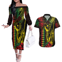 King Kamehameha Day Couples Matching Off The Shoulder Long Sleeve Dress and Hawaiian Shirt Hawaii Kakau Reggae