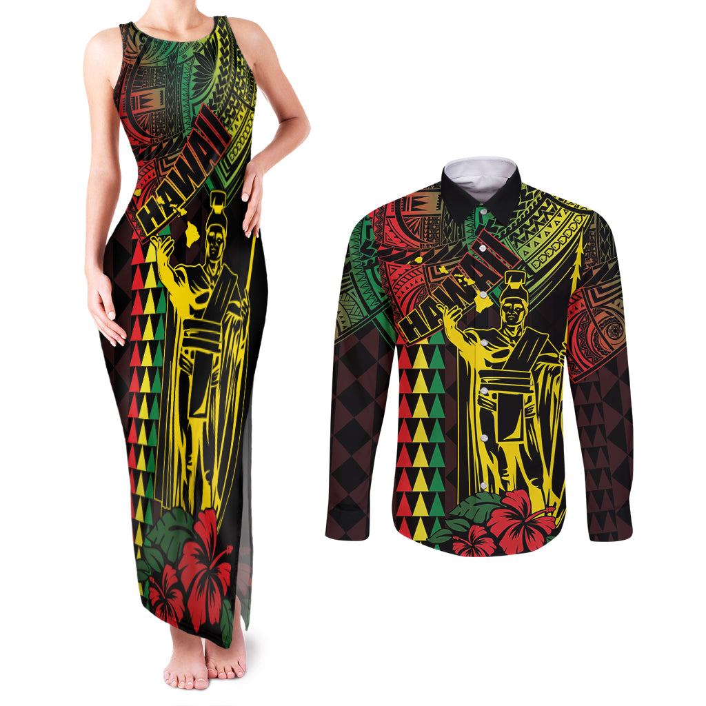 King Kamehameha Day Couples Matching Tank Maxi Dress and Long Sleeve Button Shirt Hawaii Kakau Reggae