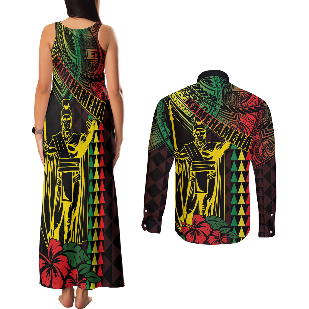 King Kamehameha Day Couples Matching Tank Maxi Dress and Long Sleeve Button Shirt Hawaii Kakau Reggae