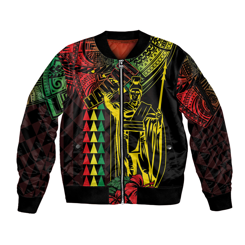 King Kamehameha Day Sleeve Zip Bomber Jacket Hawaii Kakau Reggae