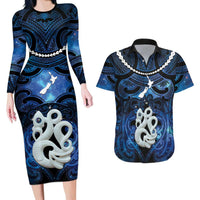 Personalized Maori Matariki Manaia Couples Matching Long Sleeve Bodycon Dress and Hawaiian Shirt Maori Kowhaiwhai Pattern Galaxy LT01 Blue - Polynesian Pride