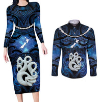 Personalized Maori Matariki Manaia Couples Matching Long Sleeve Bodycon Dress and Long Sleeve Button Shirt Maori Kowhaiwhai Pattern Galaxy LT01 Blue - Polynesian Pride