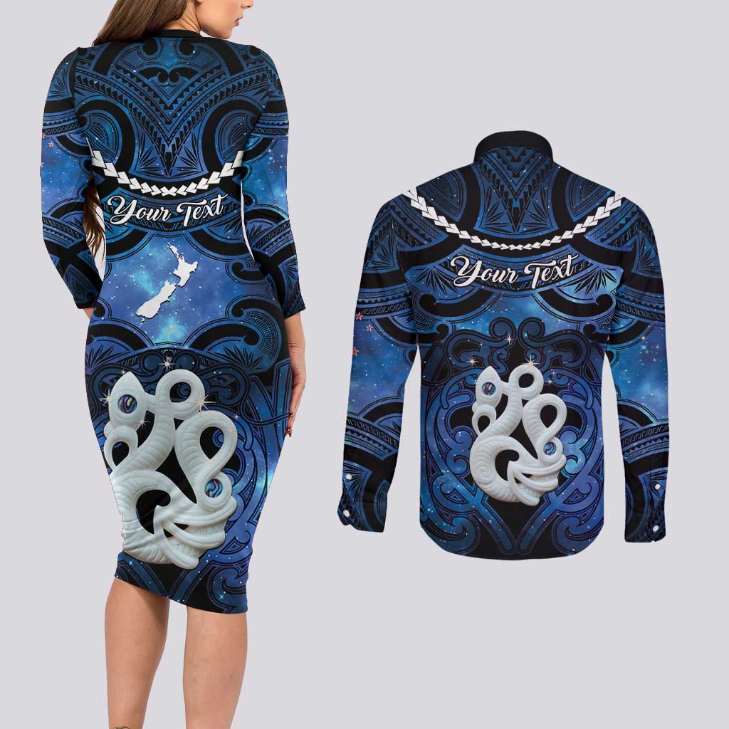 Personalized Maori Matariki Manaia Couples Matching Long Sleeve Bodycon Dress and Long Sleeve Button Shirt Maori Kowhaiwhai Pattern Galaxy LT01 - Polynesian Pride
