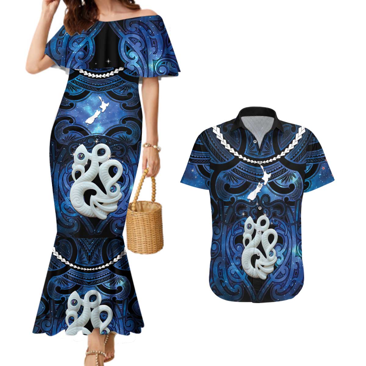 Personalized Maori Matariki Manaia Couples Matching Mermaid Dress and Hawaiian Shirt Maori Kowhaiwhai Pattern Galaxy LT01 Blue - Polynesian Pride
