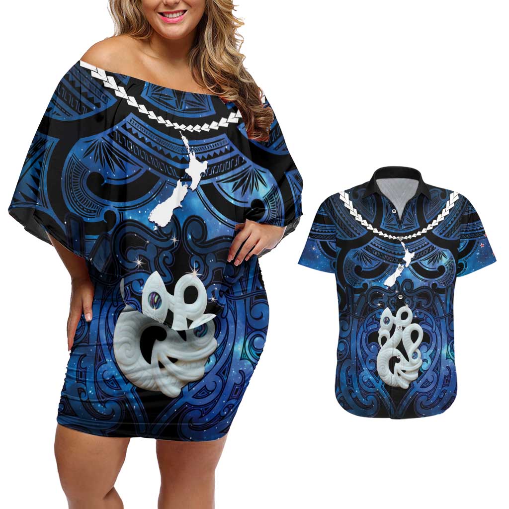 Personalized Maori Matariki Manaia Couples Matching Off Shoulder Short Dress and Hawaiian Shirt Maori Kowhaiwhai Pattern Galaxy