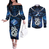Personalized Maori Matariki Manaia Couples Matching Off The Shoulder Long Sleeve Dress and Long Sleeve Button Shirt Maori Kowhaiwhai Pattern Galaxy LT01 Blue - Polynesian Pride