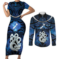 Personalized Maori Matariki Manaia Couples Matching Short Sleeve Bodycon Dress and Long Sleeve Button Shirt Maori Kowhaiwhai Pattern Galaxy LT01 Blue - Polynesian Pride