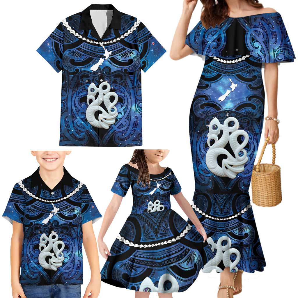 Personalized Maori Matariki Manaia Family Matching Mermaid Dress and Hawaiian Shirt Maori Kowhaiwhai Pattern Galaxy