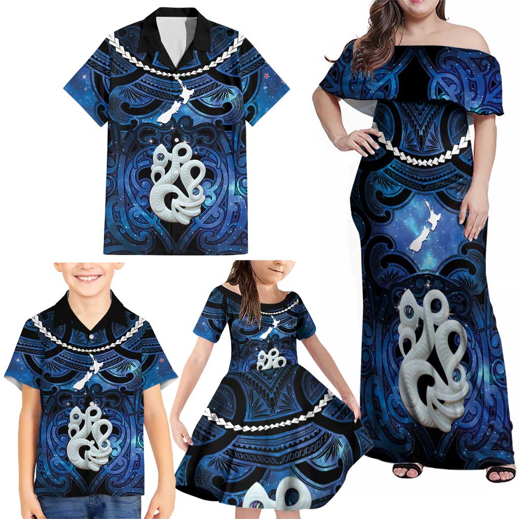 Personalized Maori Matariki Manaia Family Matching Off Shoulder Maxi Dress and Hawaiian Shirt Maori Kowhaiwhai Pattern Galaxy LT01 - Polynesian Pride