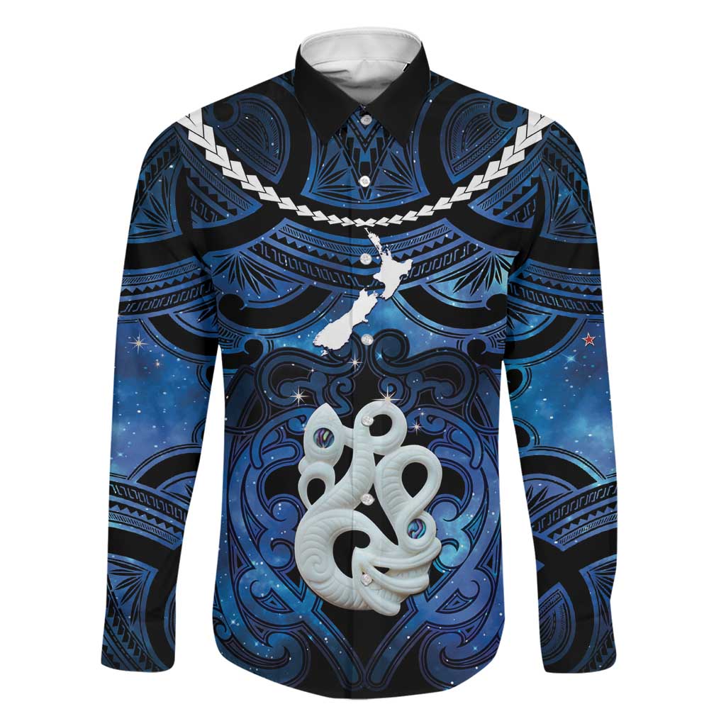 Personalized Maori Matariki Manaia Family Matching Off Shoulder Short Dress and Hawaiian Shirt Maori Kowhaiwhai Pattern Galaxy LT01 Dad's Shirt - Long Sleeve Blue - Polynesian Pride
