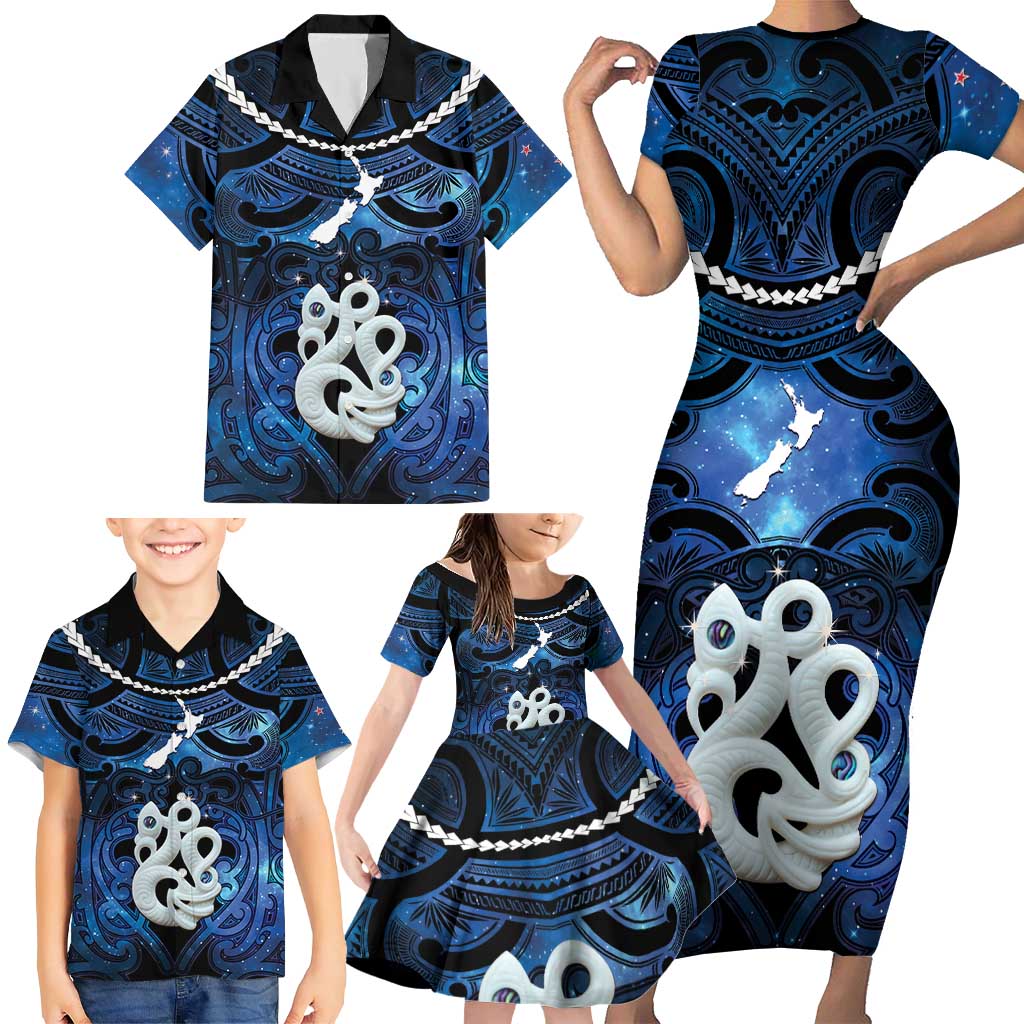 Personalized Maori Matariki Manaia Family Matching Short Sleeve Bodycon Dress and Hawaiian Shirt Maori Kowhaiwhai Pattern Galaxy