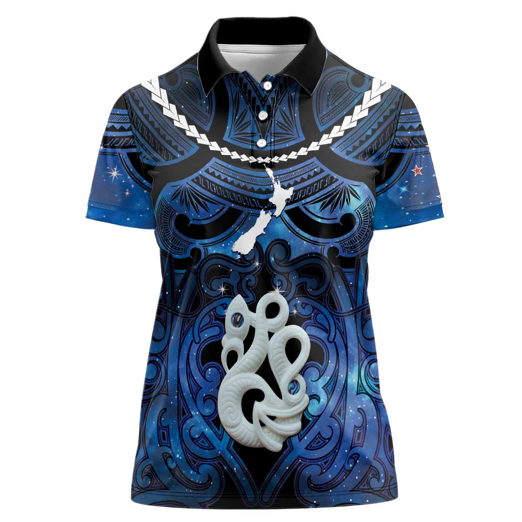 Personalized Maori Matariki Manaia Women Polo Shirt Maori Kowhaiwhai Pattern Galaxy LT01 Female Blue - Polynesian Pride