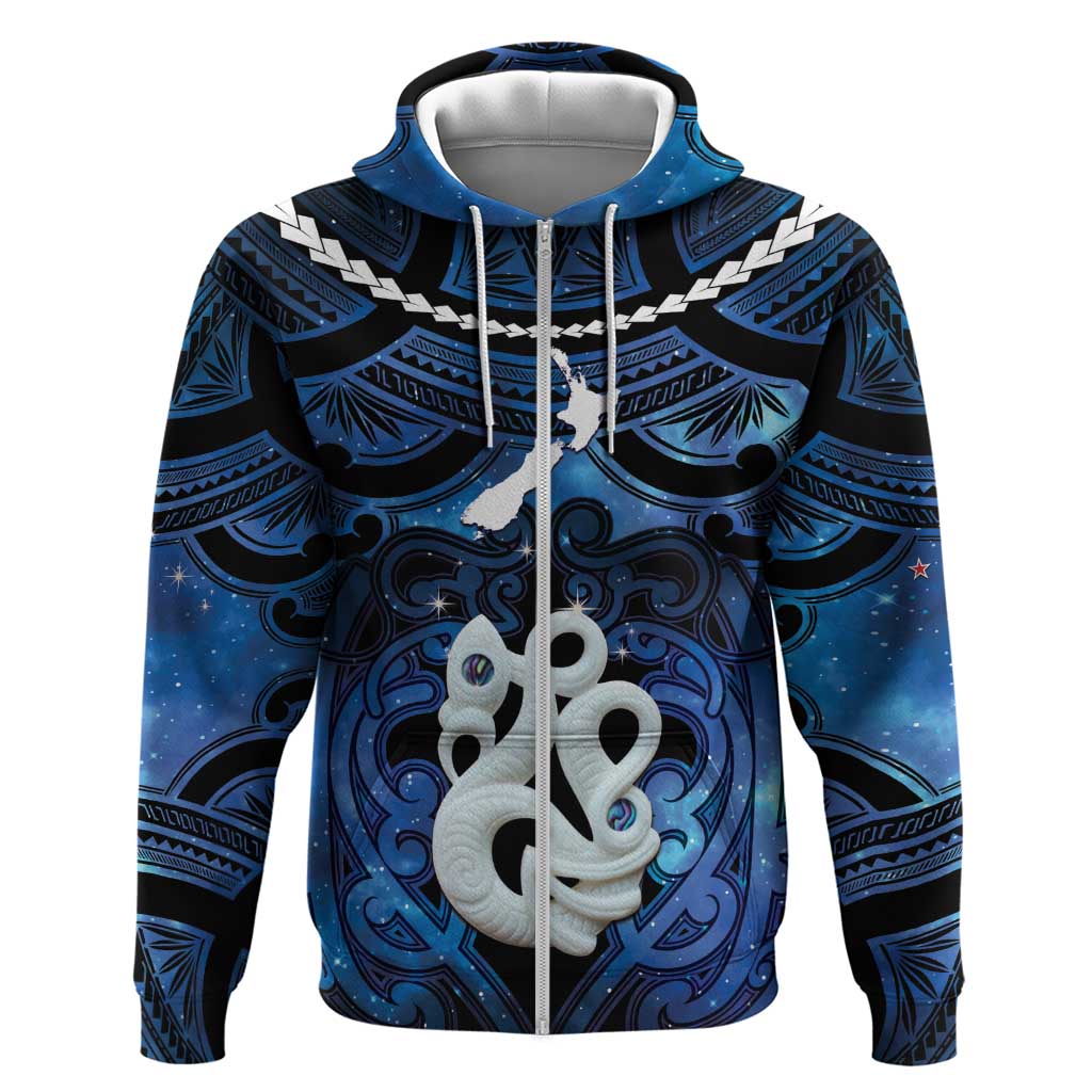 Personalized Maori Matariki Manaia Zip Hoodie Maori Kowhaiwhai Pattern Galaxy LT01 Zip Hoodie Blue - Polynesian Pride