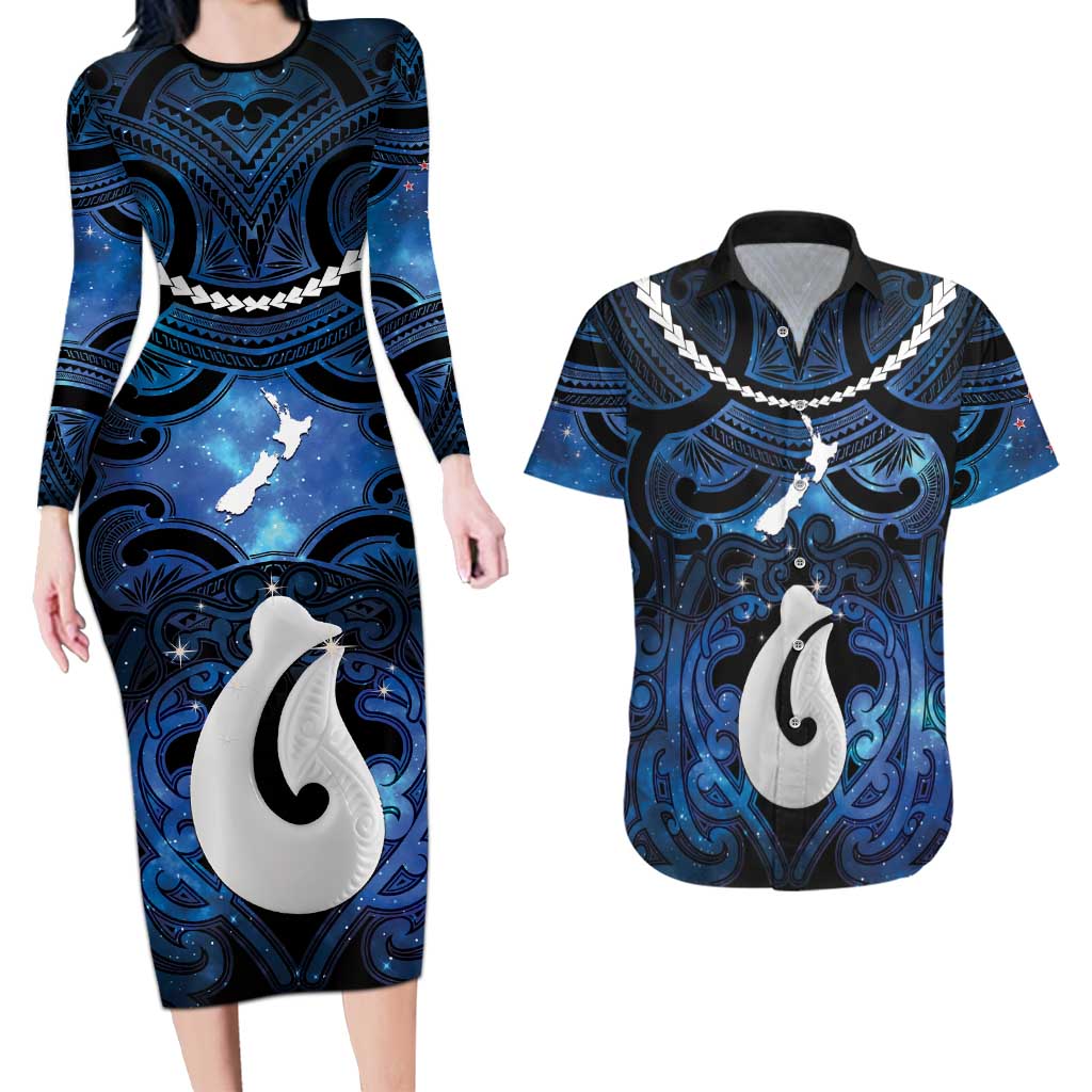 Personalized Maori Matariki Hei Matau Couples Matching Long Sleeve Bodycon Dress and Hawaiian Shirt Maori Kowhaiwhai Pattern Galaxy LT01 Blue - Polynesian Pride
