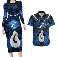 Personalized Maori Matariki Hei Matau Couples Matching Long Sleeve Bodycon Dress and Hawaiian Shirt Maori Kowhaiwhai Pattern Galaxy LT01 Blue - Polynesian Pride