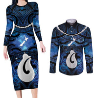 Personalized Maori Matariki Hei Matau Couples Matching Long Sleeve Bodycon Dress and Long Sleeve Button Shirt Maori Kowhaiwhai Pattern Galaxy LT01 Blue - Polynesian Pride