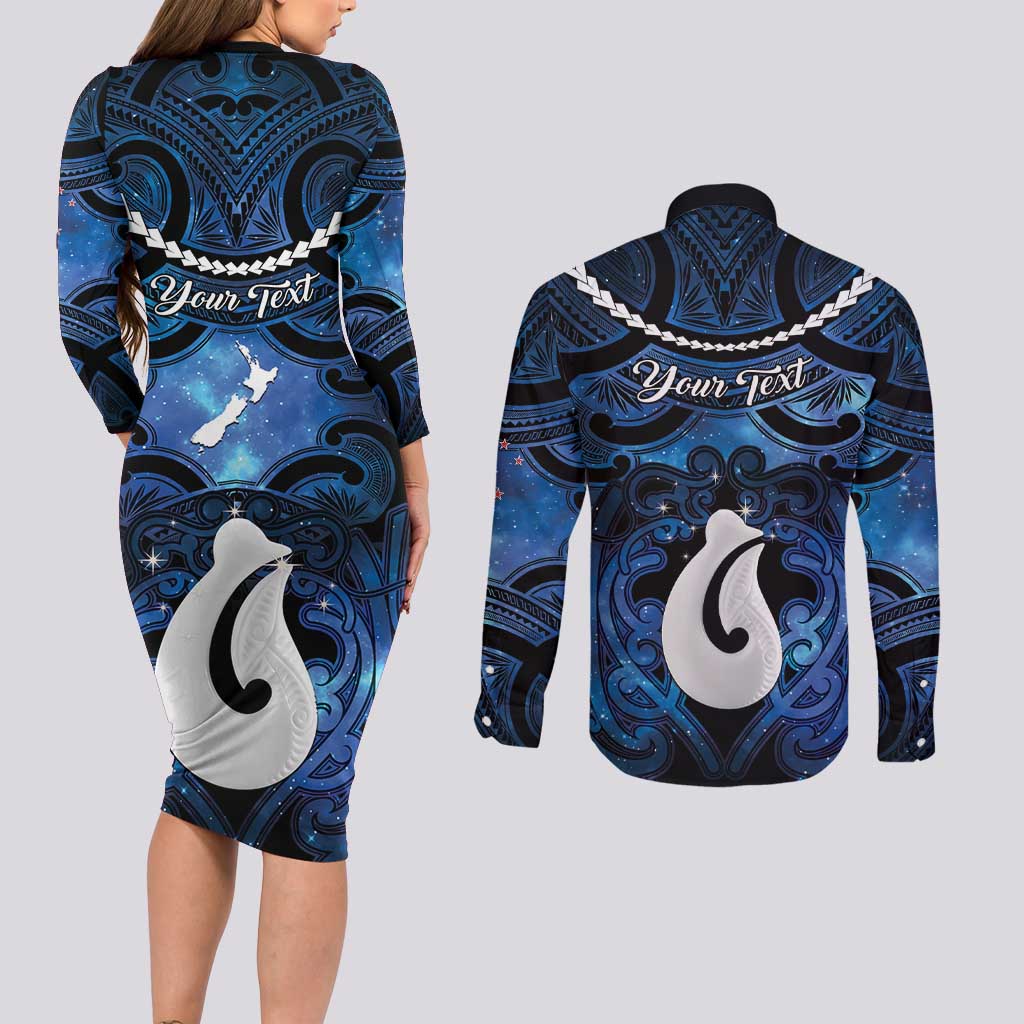 Personalized Maori Matariki Hei Matau Couples Matching Long Sleeve Bodycon Dress and Long Sleeve Button Shirt Maori Kowhaiwhai Pattern Galaxy LT01 - Polynesian Pride