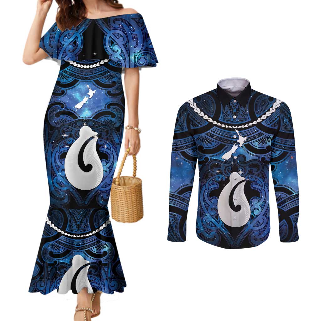 Personalized Maori Matariki Hei Matau Couples Matching Mermaid Dress and Long Sleeve Button Shirt Maori Kowhaiwhai Pattern Galaxy LT01 Blue - Polynesian Pride