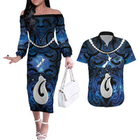 Personalized Maori Matariki Hei Matau Couples Matching Off The Shoulder Long Sleeve Dress and Hawaiian Shirt Maori Kowhaiwhai Pattern Galaxy LT01 Blue - Polynesian Pride