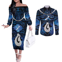 Personalized Maori Matariki Hei Matau Couples Matching Off The Shoulder Long Sleeve Dress and Long Sleeve Button Shirt Maori Kowhaiwhai Pattern Galaxy LT01 Blue - Polynesian Pride