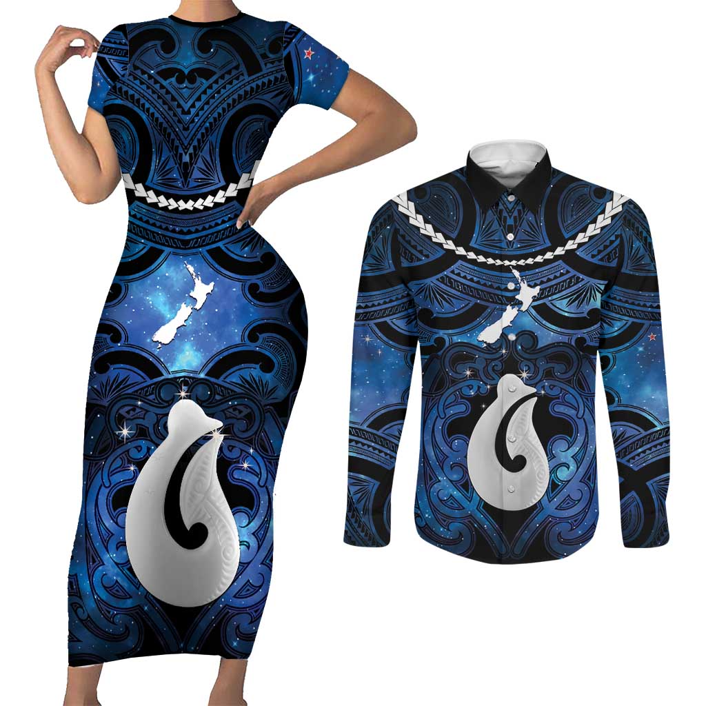 Personalized Maori Matariki Hei Matau Couples Matching Short Sleeve Bodycon Dress and Long Sleeve Button Shirt Maori Kowhaiwhai Pattern Galaxy