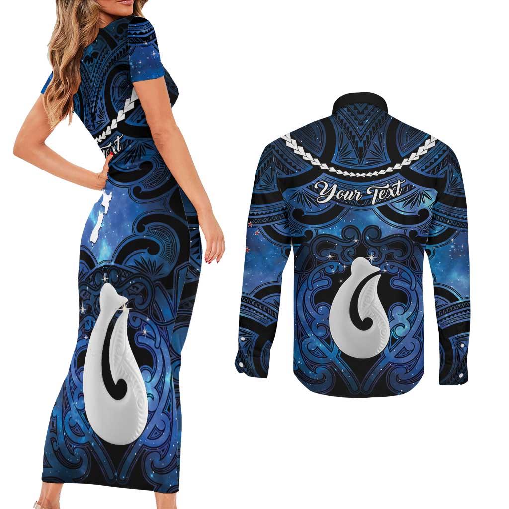 Personalized Maori Matariki Hei Matau Couples Matching Short Sleeve Bodycon Dress and Long Sleeve Button Shirt Maori Kowhaiwhai Pattern Galaxy LT01 - Polynesian Pride