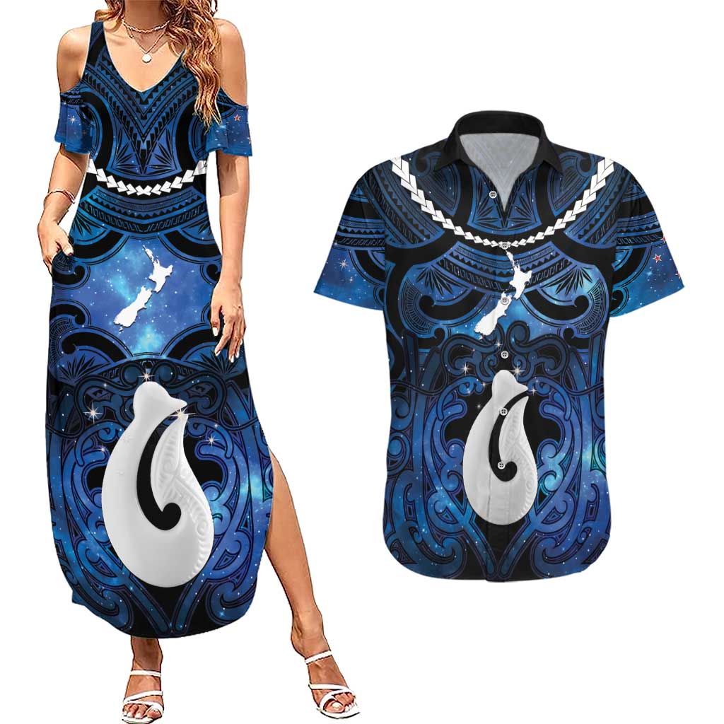 Personalized Maori Matariki Hei Matau Couples Matching Summer Maxi Dress and Hawaiian Shirt Maori Kowhaiwhai Pattern Galaxy