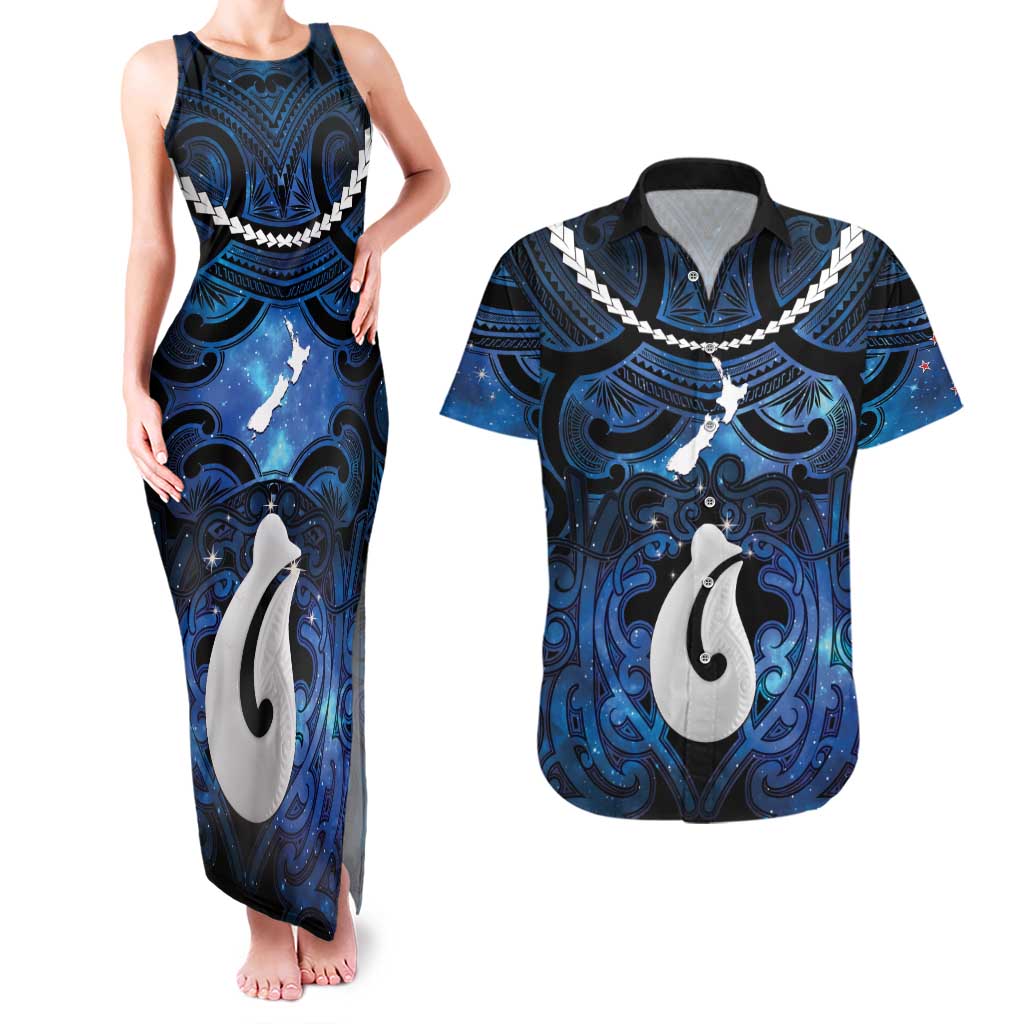 Personalized Maori Matariki Hei Matau Couples Matching Tank Maxi Dress and Hawaiian Shirt Maori Kowhaiwhai Pattern Galaxy LT01 Blue - Polynesian Pride