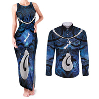 Personalized Maori Matariki Hei Matau Couples Matching Tank Maxi Dress and Long Sleeve Button Shirt Maori Kowhaiwhai Pattern Galaxy LT01 Blue - Polynesian Pride