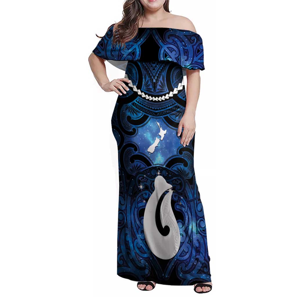 Personalized Maori Matariki Hei Matau Family Matching Off Shoulder Maxi Dress and Hawaiian Shirt Maori Kowhaiwhai Pattern Galaxy